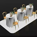 White Platform Setup With Round Tables White Tablecloths Decorative Flowers Pineapples And Gold Chairs