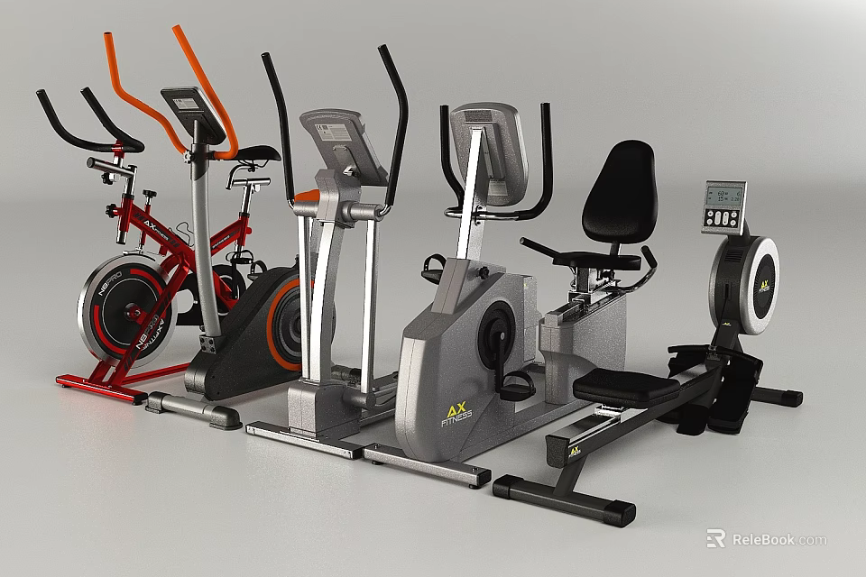 Different Types of Fitness Equipment Including Treadmill Elliptical and Rowing Machine 3d model 