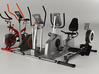 Different Types of Fitness Equipment Including Treadmill Elliptical and Rowing Machine 3d model
