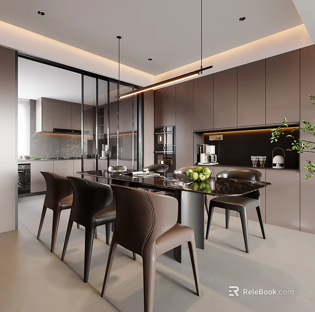 Modern Elegant Dining Room Interior With Marble Dining Table Chairs Cabinets And Pendant Lights 3d model 