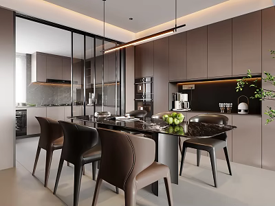Modern Elegant Dining Room Interior With Marble Dining Table Chairs Cabinets And Pendant Lights 3d model