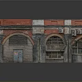 Vintage Building Facade Model With Red Wall Arched Windows And Blue Door
