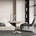Modern Minimalist Bedroom With Recessed Lighting Bedhead Wall Wardrobe Armchair And Table Lamp