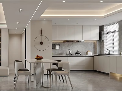 Modern Kitchen Interior With Light Colored Cabinets Marble Dining Table Chairs And Wall Clock Decor 3d model