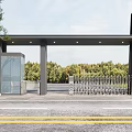 Modern School Gate Exterior Wall With Black Structure Glass Door And Electric Gate Greenery