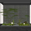 Indoor Landscape Featuring Gray Stone Wall Green Plants White Spherical Lights Hanging Lights And Moss