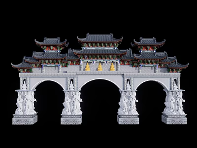 Traditional Chinese Paifang Archway With Multi Layered Roofs Golden Decorations And White Carved Pillars 3d model