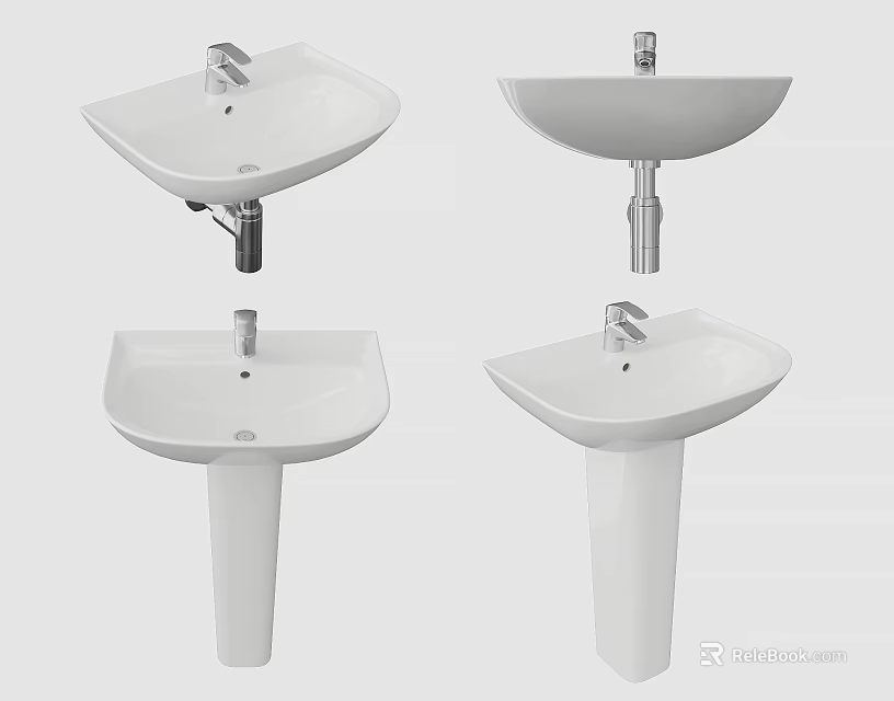 Assorted White Pedestal Washbasins With Different Designs And Chrome Faucets 3d model 