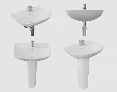 Assorted White Pedestal Washbasins With Different Designs And Chrome Faucets 3d model