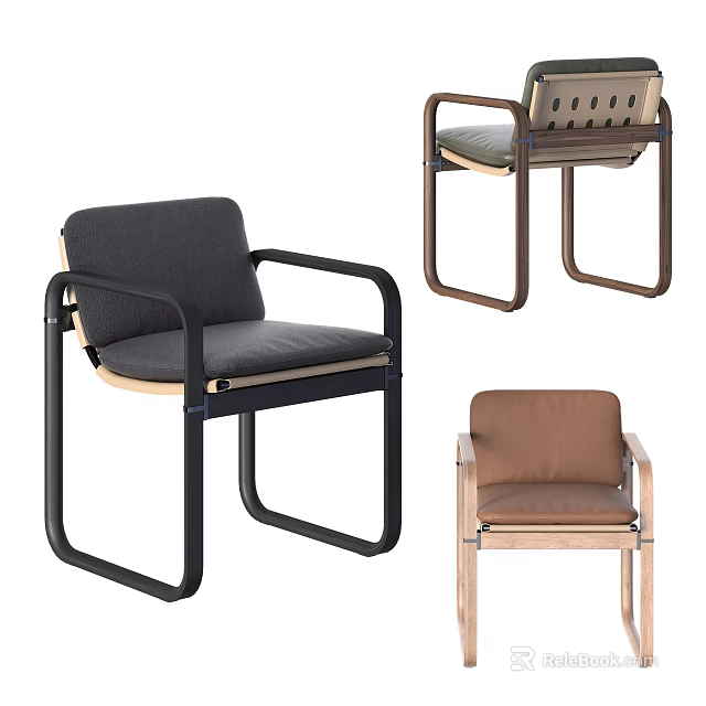 Modern Leisure Chairs With Metal Wooden Frames And Soft Gray Brown Fabric Cushions 3d model 