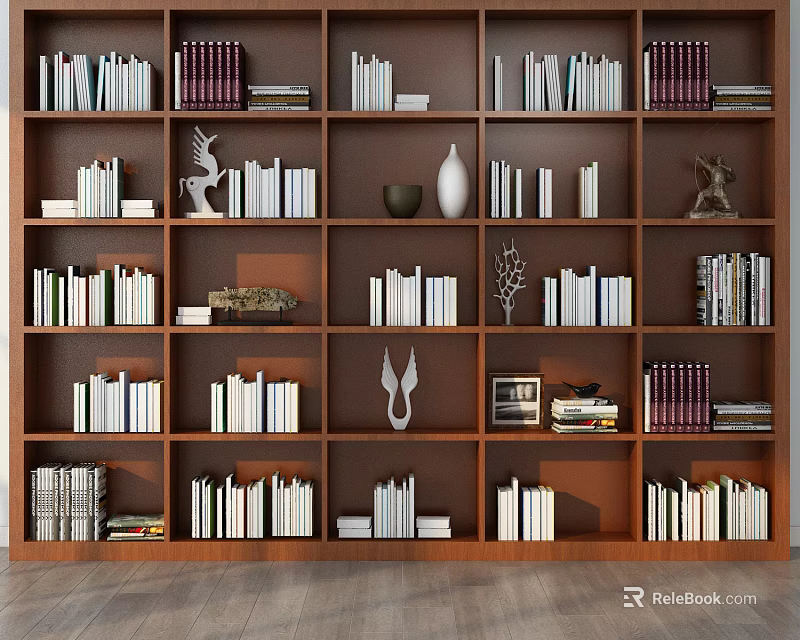 Wooden Bookcase With Multiple Shelves Filled With Books And Decorative Ornaments 3d model 