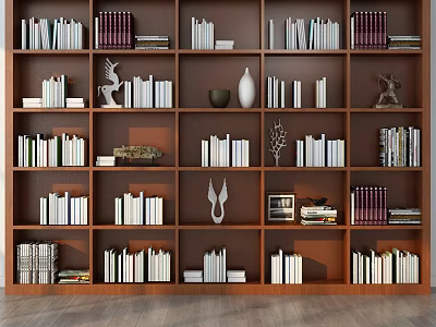 Wooden Bookcase With Multiple Shelves Filled With Books And Decorative Ornaments 3d model