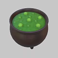 Brown Ceramic Pot With Green Liquid And Green Balls On Three Legs
