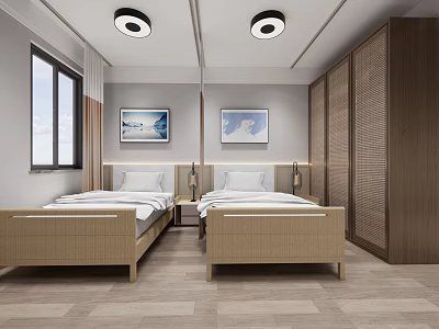 Hospital Outpatient Ward With Two Beds Wooden Furniture Wall Paintings And Windows 3d model