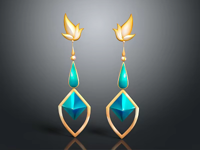 Elegant Butterfly Design Earrings with Gold Frame and Blue Teardrop Rhombus Gemstones 3d model