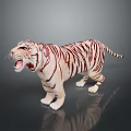 Detailed White Tiger Model With Open Mouth And Red Stripes On Black Reflective Surface