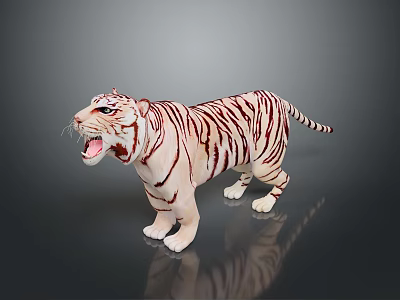 Detailed White Tiger Model With Open Mouth And Red Stripes On Black Reflective Surface 3d model