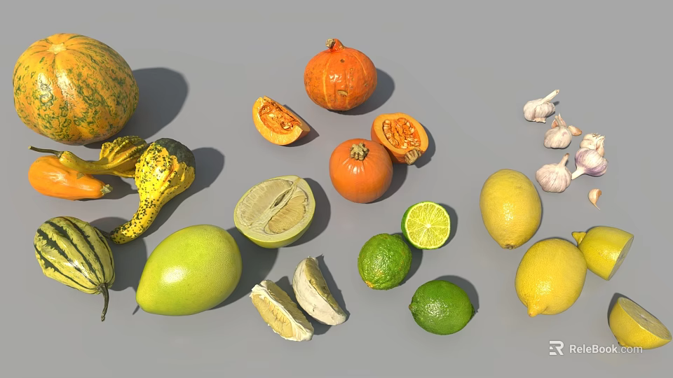 Fresh Assorted Fruits Collection With Pumpkin Melon Lemon Lime And Sliced Pieces 3d model 
