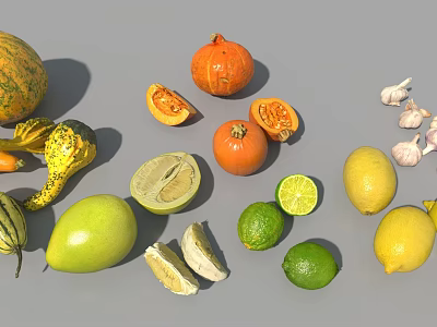 Fresh Assorted Fruits Collection With Pumpkin Melon Lemon Lime And Sliced Pieces 3d model