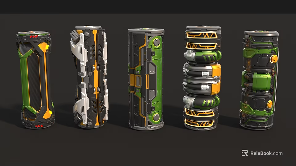 Cylindrical Industrial Equipment With Various Designs Featuring Green Orange White Mechanical Structures And Annular Components 3d model 