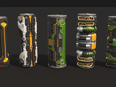 Cylindrical Industrial Equipment With Various Designs Featuring Green Orange White Mechanical Structures And Annular Components 3d model