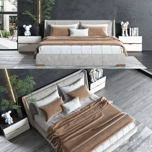 Modern Double Bed Interior With Beige Brown Bedding Multiple Pillows And Bedside Tables 3d model