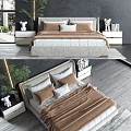 Modern Double Bed Interior With Beige Brown Bedding Multiple Pillows And Bedside Tables 3d model