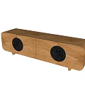Minimalist Oak TV Stand With Round Black Panels And Wooden Legs