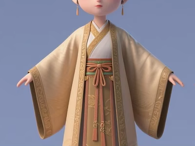 Woman in Traditional Elegant Robe with Decorative Belt Ornate Patterns and Earrings 3d model
