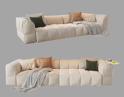 Beige Three Seater Sofa with Soft Plush Surface Green Brown Cushions and Gray Blanket 3d model