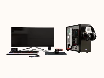 High Performance Gaming PC Setup With Monitor Keyboard Mouse And Headphones 3d model