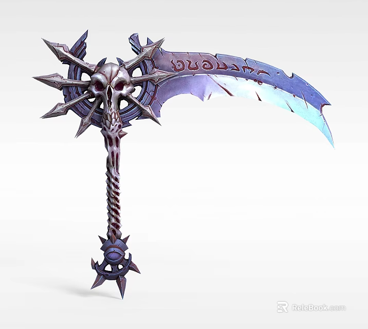 Tech Exhibition Hall Showcasing Intricate Weapon Model With Skull Spikes And Purple Blue Accents 3d model 