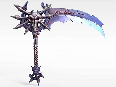 Tech Exhibition Hall Showcasing Intricate Weapon Model With Skull Spikes And Purple Blue Accents 3d model