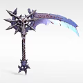 Tech Exhibition Hall Showcasing Intricate Weapon Model With Skull Spikes And Purple Blue Accents