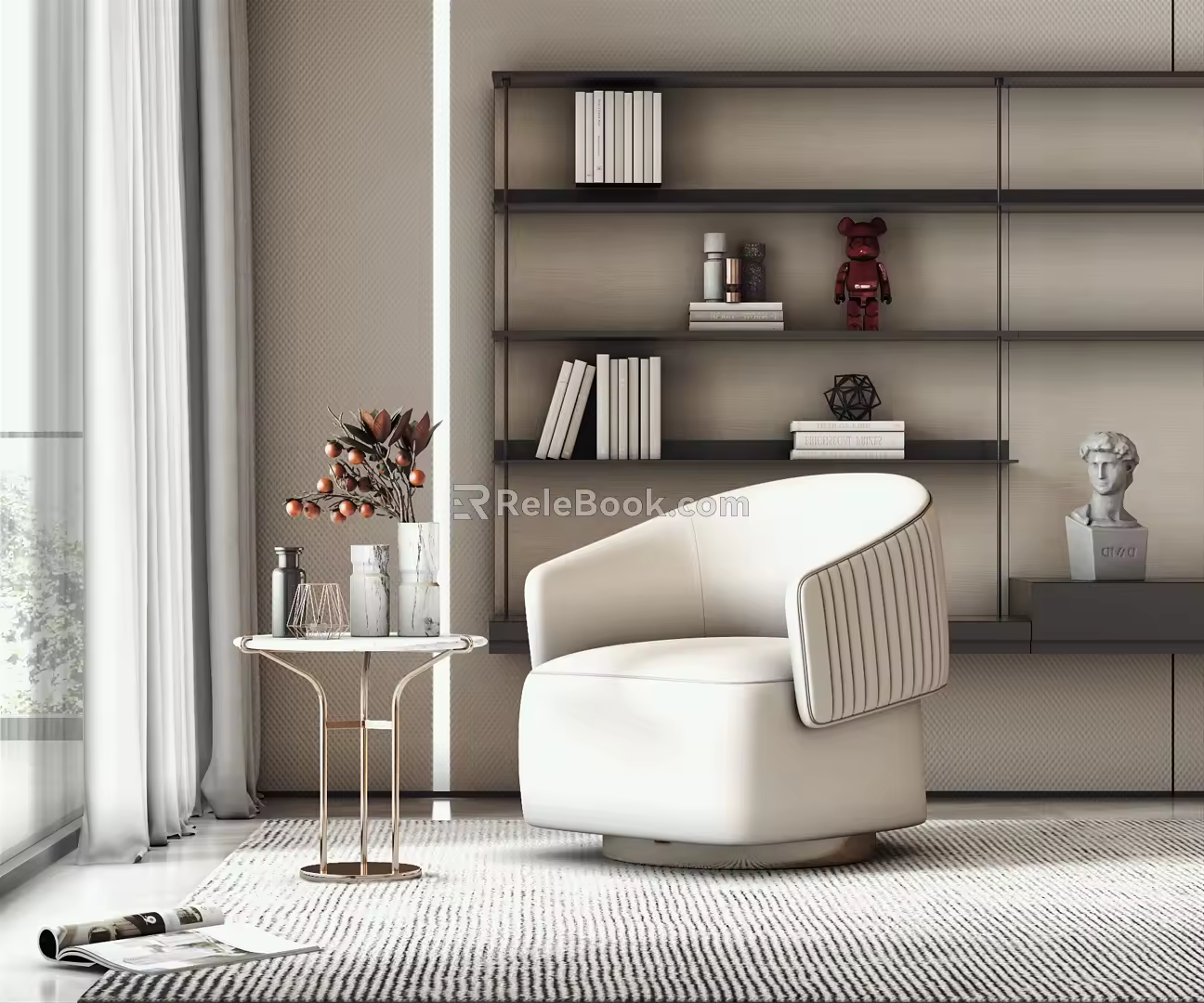 Modern Single Sofa Single Fleece Sofa Casual Sofa Acrylic Side Corner Vase Floor Lamp Ornaments 3d model