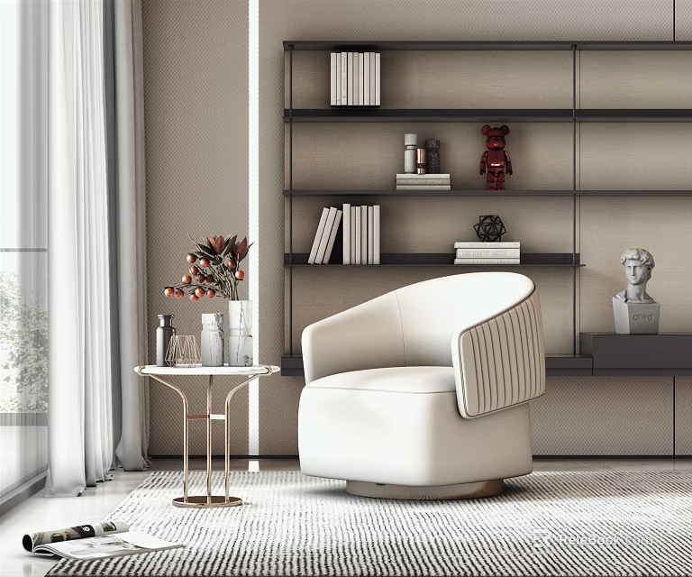 Stylish White Single Sofa with Round Side Table Bookshelf Decor and Natural Light 3d model 