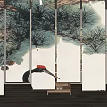 Traditional Chinese Window Curtains With Bird Pattern Calligraphy And Paintings 3d model