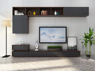 Modern TV Stand With Wall Shelves TV Books Decorations And Green Plant 3d model