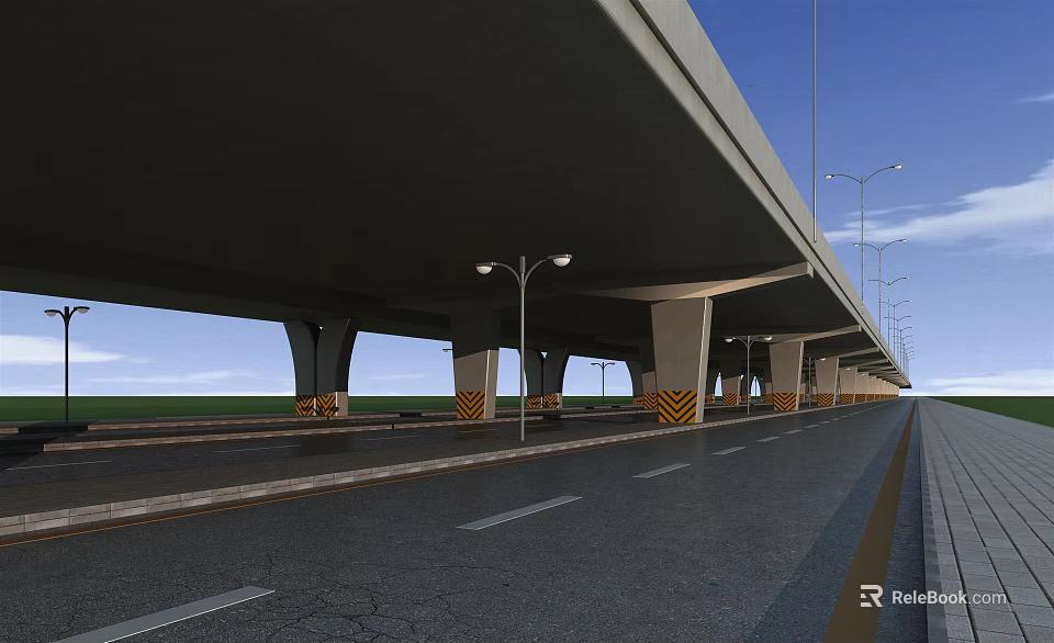 Modern Highway Bridge With Concrete Support Pillars And Street Lights Over Road 3d model 