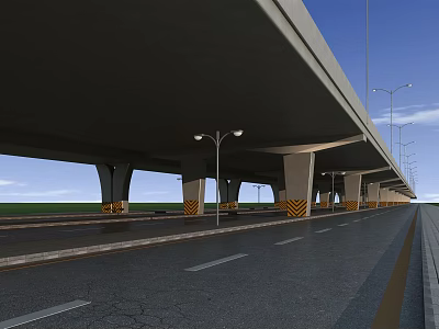 Modern Highway Bridge With Concrete Support Pillars And Street Lights Over Road 3d model