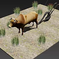 Rustic Garden Ornament Scene With Brown Ox Pulling Plow And Green Grass Plants