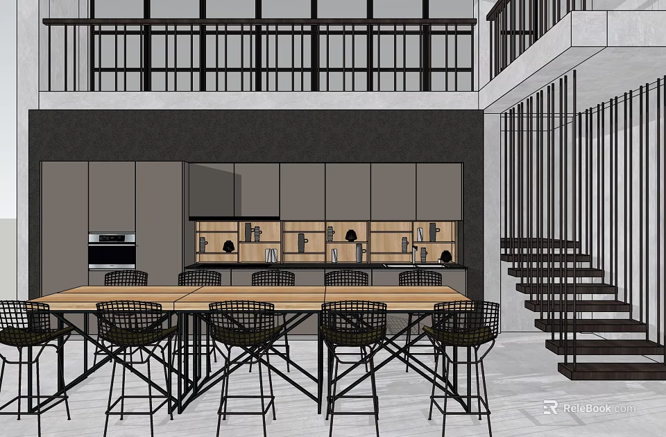Modern Restaurant Interior With Open Kitchen Dining Table Black Chairs And Cabinets 3d model 