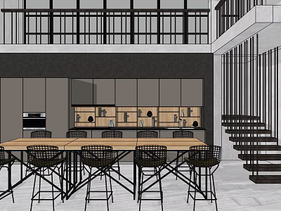 Modern Restaurant Interior With Open Kitchen Dining Table Black Chairs And Cabinets 3d model