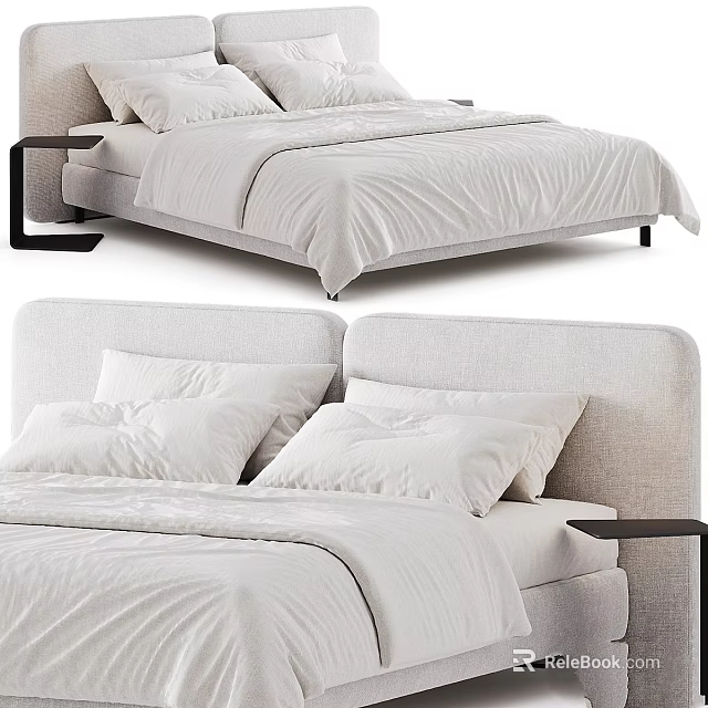 Minimalist Modern Bedroom Interior With White Bedding Upholstered Headboard And Wooden Nightstand 3d model 