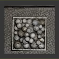 Wooden Plank And Stone Display With Decorative Stone Balls On Tiled Floor