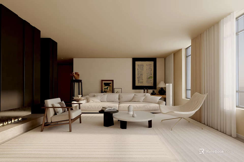 Modern Living Room Interior With Sofa Chairs Coffee Table Area Rug Dark Cabinets And Art 3d model 
