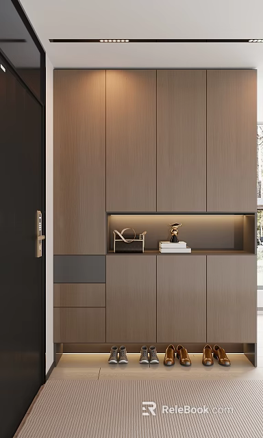 Modern Entryway Design With Wooden Cabinets Built-in Lighting And Decorative Items 3d model 