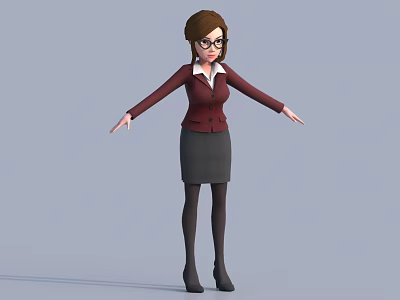 3D Female Character In Professional Attire Red Blazer White Shirt Gray Skirt Glasses Arms Outstretched 3d model