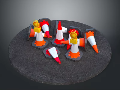 Orange And White Reflective Traffic Cones Arranged On Circular Gray Platform 3d model