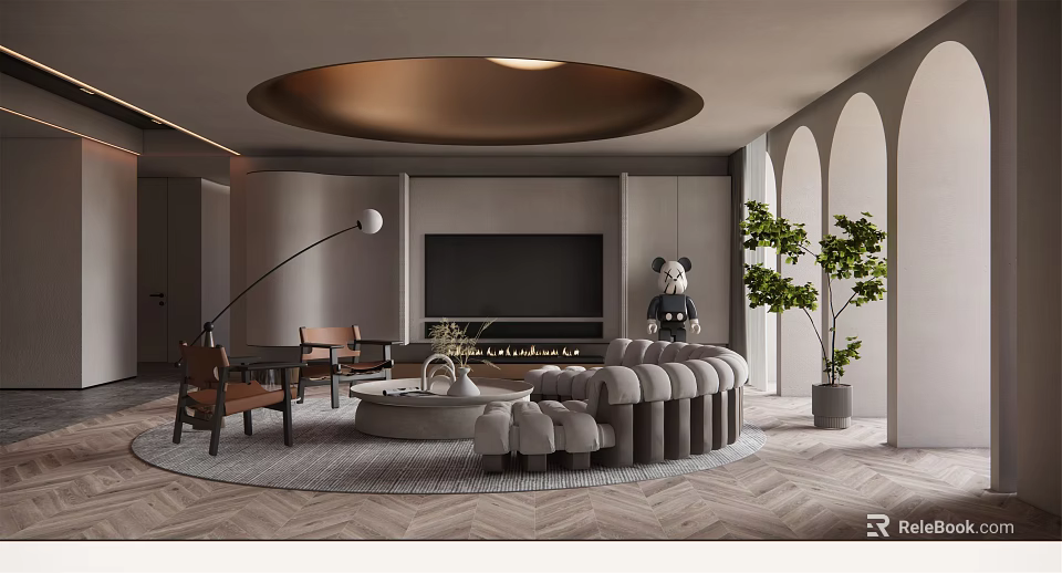 Elegant Modern Living Room Interior With Round Sofa Arched Windows Green Plants And Herringbone Flooring 3d model 